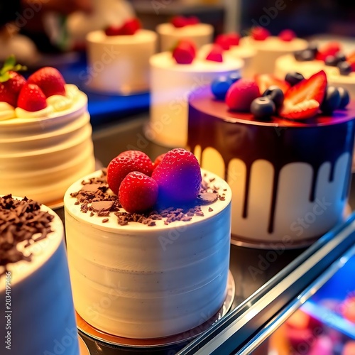 Close-up display of assorted mini cakes topped with fresh strawberries, blueberries, and chocolate flakes in a bakery showcase.