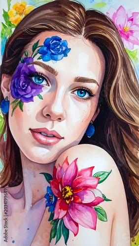 Vibrant Young Woman with Floral Face Paint and Shoulder Blossom in Artistic Portrait