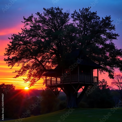 Magical wooden treehouse built into a large silhouette tree during a vibrant orange and pink sunset.
