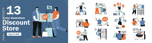 Discount store concept set in flat design for web. Collection with people making purchases at different shops, online shopping at sales, buyers gets special offers with prices. Vector illustrations.