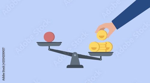 Schilderij op canvas Hand placing golden coins on a balance scale, symbolizing value and decision-mak