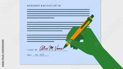Photos Hand signing an agreement and authorization document with a pen, contract