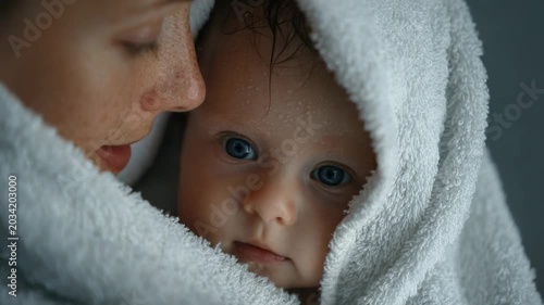 Mother holds wet baby wrapped in a towel in a warm room after bath time during the morning light