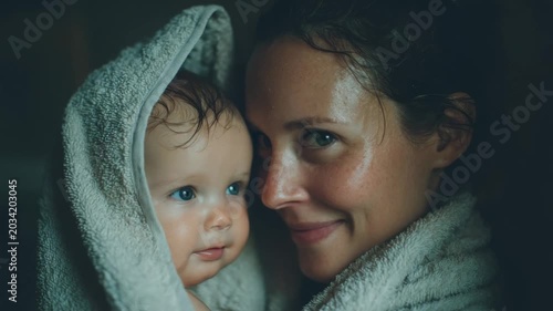Mother holds baby in a towel after bath time in a cozy indoor setting during the evening