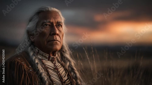 Elder man with long hair stands in field during sunset, reflecting on life and culture in a serene setting