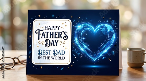 Father's day card with glowing heart on a table with coffee cup and glasses