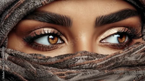 Woman with brown eyes and dark scarf in close-up view shows cultural style and beauty