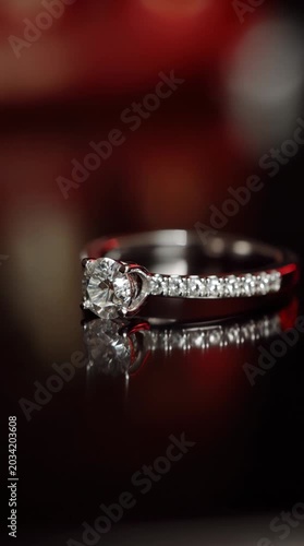 Shining diamond ring on a reflective surface with red bokeh lights in the background at night
