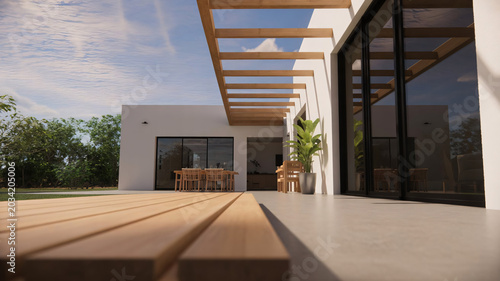 Modern patio, outdoor living space, wooden deck, contemporary house, backyard