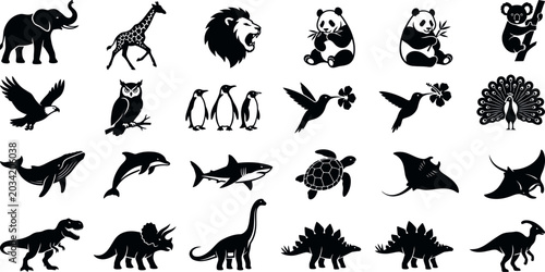 Animal Silhouette Mega Pack Pandas, Birds, Marine Life and Dinosaurs Set
