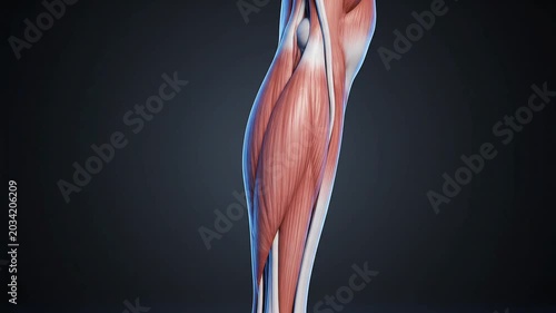 Detailed 3D anatomical rendering of the human calf muscles, showcasing the complex muscular and skeletal structures against a dark background, for human muscular system education.