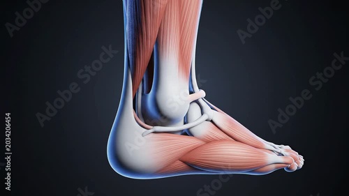 Detailed anatomical illustration of the human ankle and foot showing bones, muscles, and ligaments in a scientific context, for human muscular system education.