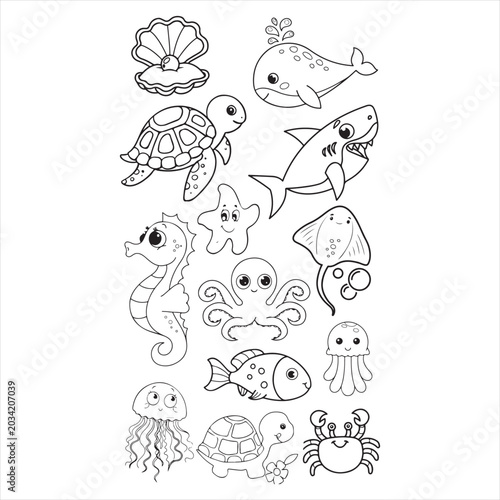 Photography A seamless pattern design of a funny cartoon fish set with cute sea animals like