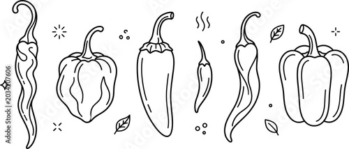 Foto Chili pepper vector icon set chili habanero jalapeno bell pepper spicy food line