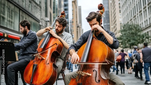 Street musicians playing cellos in city.