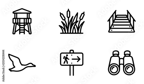 Foto Nature Observation Icons: Birdwatching Tower, Reeds, Stairs, Flying Duck, Trail