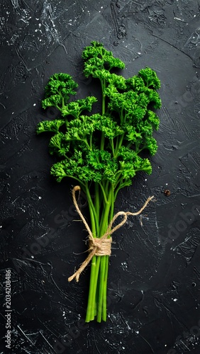 Fresh green herb bunch on textured dark surface