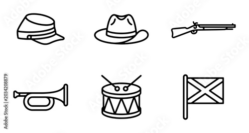 Tableau sur toile American Civil War Icons: Union Cap, Cowboy Hat, Rifle, Bugle, Drum, Flag Vector