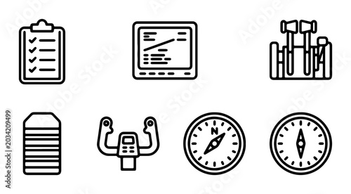 Foto Aviation Cockpit Instruments, Navigation Tools, and Checklist Icons Set