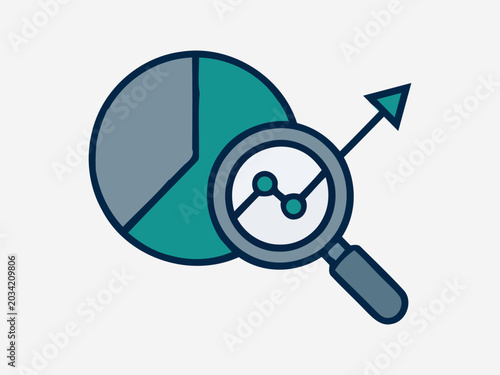 Data Analytics Icon with Pie Chart Magnifying Glass and Growth Arrow