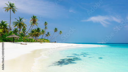 Vacation summer holidays leisure background - sunny tropical Caribbean paradise resort beach with white sand, lounger, palms on Maldive