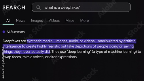 Deepfake Explained - AI Search Engine Text Animation - Documentary Style Dark Mode UI