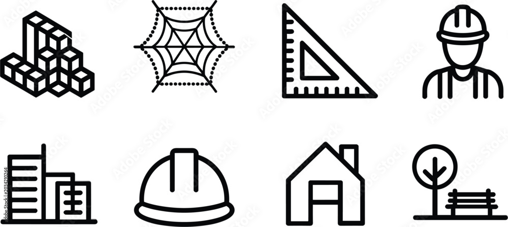 Naklejka premium Construction and Engineering Icons Collection, Building Industry Symbols Set, Modern Outline Vector Illustration Design Artwork