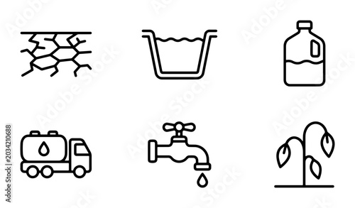 Foto Water Scarcity Icons: Drought, Container, Bottle, Truck, Tap, Plant Icons