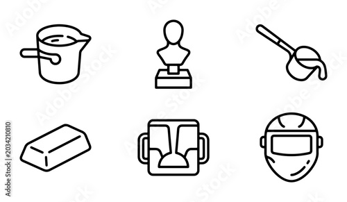 Bild auf Leinwand Metal Casting Icons: Foundry Tools, Sculpture Bust, Gold Bar, Welder Mask, Pouri