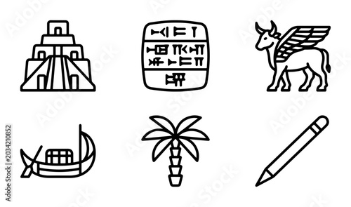 Foto Ancient Civilizations Icons: Pyramid, Cuneiform Tablet, Winged Bull, Papyrus Boa