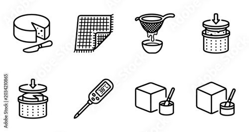 Schilderij op canvas Cheese Making Icons Set: Dairy Production Tools, Equipment, Ingredients, Vector