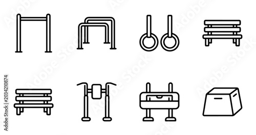 Tableau sur toile Outdoor Gym Equipment Icons, Fitness Park Elements, Workout Gear Vector Set