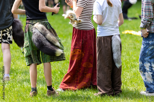 Quadro su tela Group of young therians wearing furry tails and animal accessories gathers in sunny park