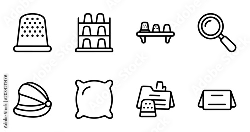 Foto Sewing Icons: Thimble, Magnifier, Pillow, Folder, Stand, Magnifying Glass, Sewin