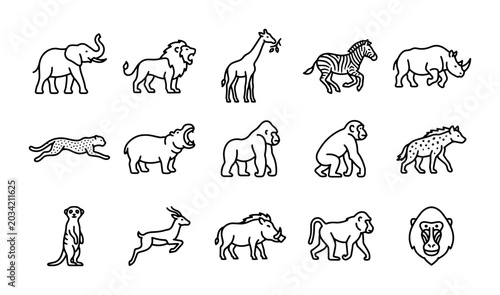 Bild auf Leinwand African Wildlife Icons Set: Safari Animals Vector Collection, Simple Line Art fo