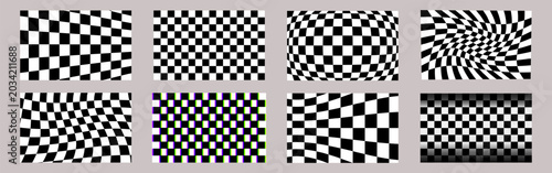 Foto Set of black and white checkerboard patterns with warped optical illusion, neon RGB glitch stripes distortion and retro Y2K aesthetic