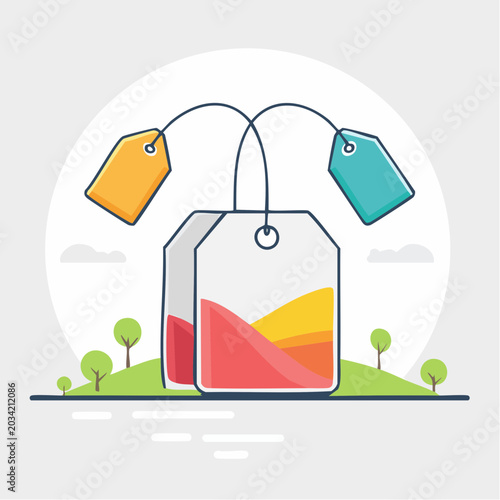 Tea Bag Illustration with Tags and Landscape
