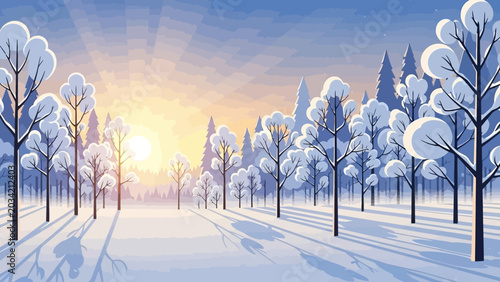 Photos Snow-covered trees in a winter forest at sunrise.