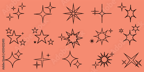 Star sparkle outline doodle set vector. Hand drawn star glitter sparks outline. Sparkle and starburst icons. Glittering spark outline shapes. Shiny line firework  outline icon. Sparkle star