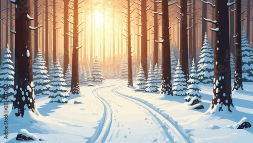 Fotografi Snowy path winding through a winter forest at sunrise serene and untouched landscape