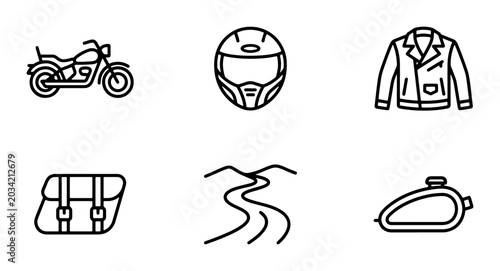 Bild auf Leinwand Motorcycle Icons Set: Cruiser Bike, Helmet, Jacket, Saddlebag, Road, Fuel Tank