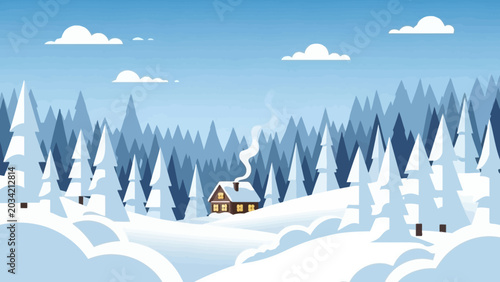 Foto Cozy Wooden Cabin Nestled in a Serene Winter Forest Landscape.