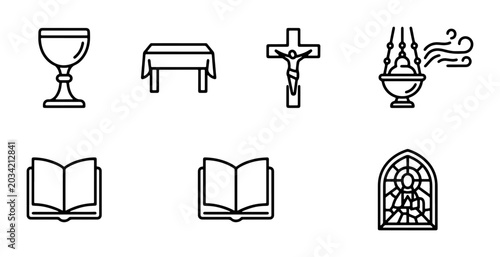 Bild auf Leinwand Christianity Icons Set: Chalice, Altar, Crucifix, Censer, Bible, Stained Glass W
