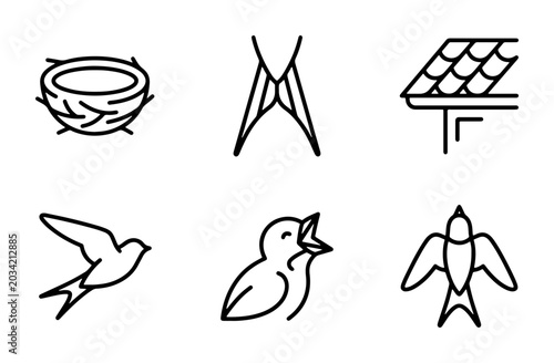 Fotografía Swallow Bird Icons Set, Nest, Flying, Baby Bird, Roof Gutter, Simple Line Art
