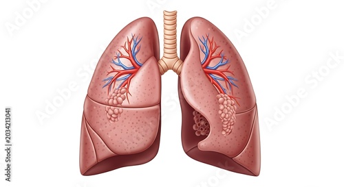 Close up of human lungs with bronchial tubes highlighted.