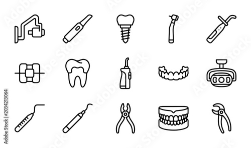 Fotografi Dental Icons Set, Tooth Care Vector Graphics, Oral Hygiene Equipment Collection