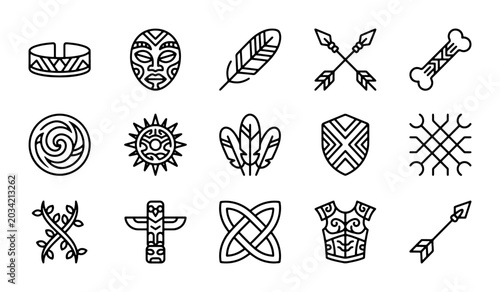 Fotografie Tribal Icons Set: Indigenous Symbols, Ancient Motifs, Ethnic Ornaments, Cultural