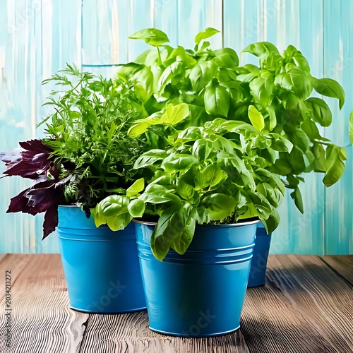 Fresh herbs in blue pots on wooden surface