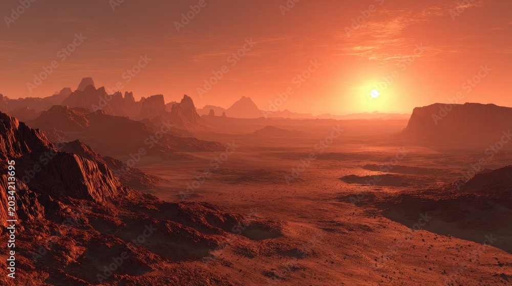 Fototapeta premium Dust obscured horizon on the red planet at sunset in a 3D rendered landscape