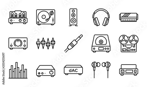 Tableau sur toile Audio Equipment Icons: Hi-Fi, Turntable, Amplifier, Speakers, Headphones, DAC, R